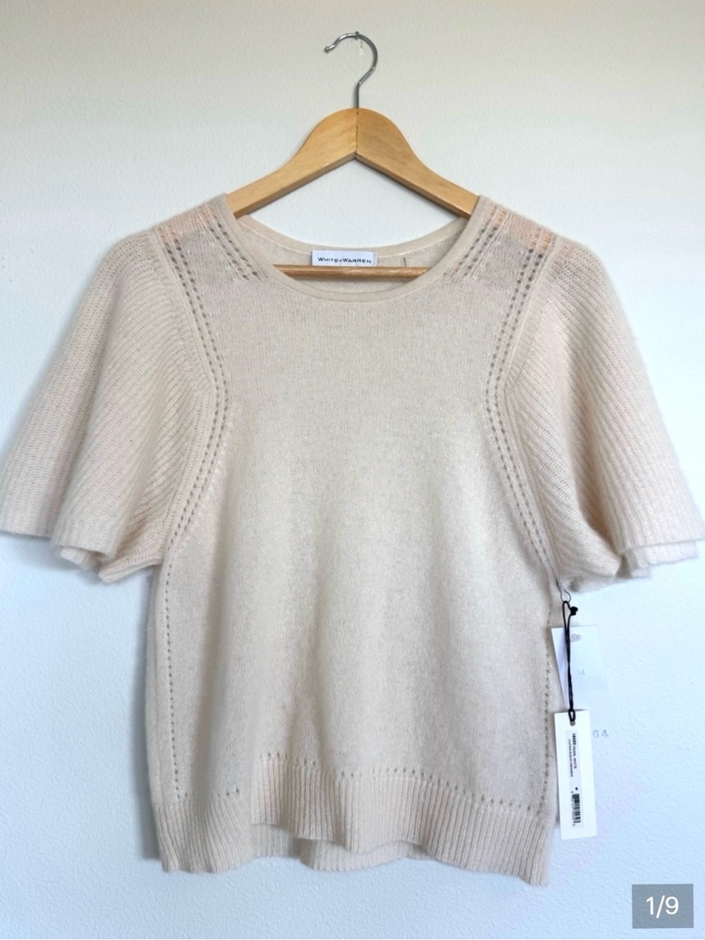 White + Warren x Lena Medoyeff Pearl White Flutter Sleeve Cashmere Sweater NWT M
